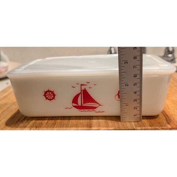 Vintage McKee Milk Glass Sailboat Design Rectangular Container Lid Ships red - Picture 9 of 16